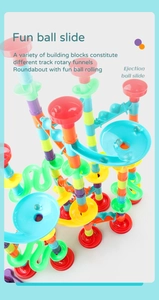 Detailed top view of 142PC DIY colorful ball slide building blocks with funnel components