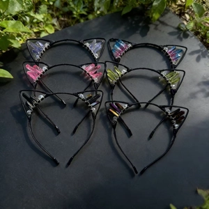 Handmade cat ear headbands with colorful raw crystal stones on a metal wire frame