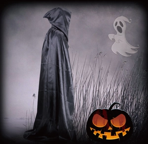 Detailed back view of a long black hooded Halloween cape with a satin finish