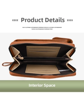 Detailed interior view of a brown leather wallet with multiple card slots and zipper pocket