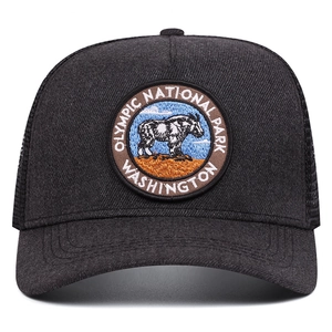 Retro Olympic National Park embroidered trucker hat with breathable mesh and mountain goat patch