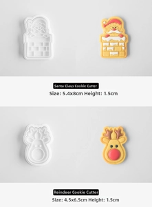 Detail of Santa and reindeer cookie cutters with spring-press for 3D Christmas baking