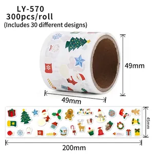 300pcs Merry Christmas roll stickers with 30 unique cartoon designs for holiday gift sealing