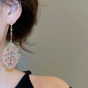 Detail view of crystal Christmas tree drop earrings with colorful rhinestones on model