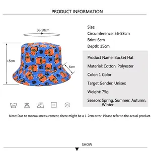 Unisex cotton bucket hat with tiger print showing dimensions and size chart info