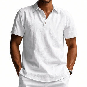 Close-up of breathable white linen fabric texture and buttoned polo collar detail