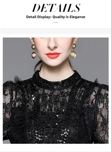 Close-up of black lace dress detail with sequins and intricate beadwork embroidery
