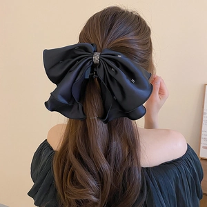 Grande Pince À Cheveux Noeud En Satin Noir Avec Strass Vintage Style Français Élégant Pour Femme Coiffure Relevée