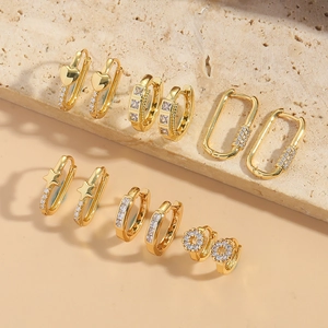 Huggie Hoop Earrings Gold Plated Copper Zircon Heart Star Square Geometric Dainty Minimalist Jewelry For Women
