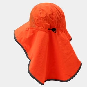 Detail of high-visibility orange sun hat with mesh vents and long neck protection flap