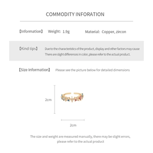 Detailed infographic of 18k gold plated copper ring with colorful zircon and size specs