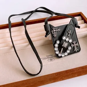 Gothic style black leather cross pendant mini bag and necklace with sparkling rhinestones
