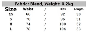 Detailed size chart for fashion skort with waist belt showing measurements from XS to L