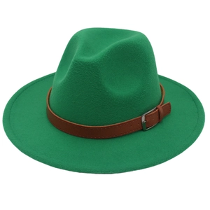 Detail of emerald green wool felt fedora featuring brown leather band with silver buckle