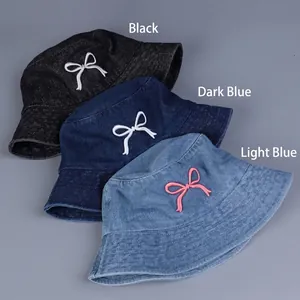 Damen Fischerhüte aus Denim mit Schleifenstickerei in Schwarz, Dunkelblau und Hellblau