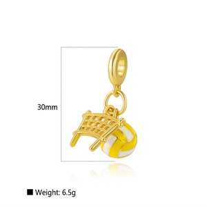 Golden volleyball pendant with net detail measuring 30mm height and 6.5g weight