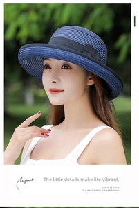 Detail of navy blue woven straw hat featuring a wide brim and elegant black ribbon band