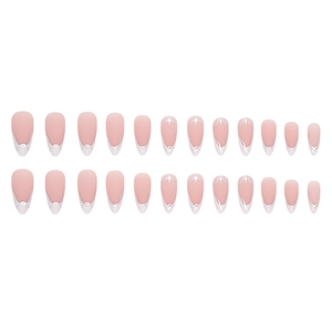 Almond shaped French press-on nails with white tips, silver lines and butterfly accents