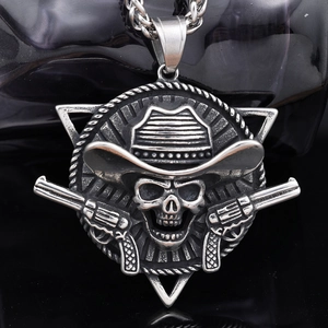 Cowboy Skeleton Pendant Stainless Steel Vintage Punk Rock Sheriff Star Dual Guns Gothic Hip Hop Jewelry Men Women
