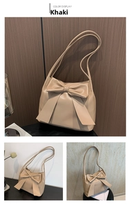 Detailed views of a khaki large capacity tote bag featuring an elegant oversized bow design