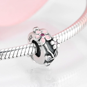 Perle charm en argent sterling S925 avec fleurs en émail rose et cristaux brillants