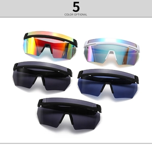 Five color options of oversized wrap around retro sports sunglasses with colorful lenses