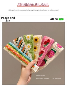 Detailed knit texture of French vintage crochet headbands featuring daisy and cherry patterns