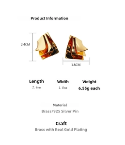 Detailed view of gold irregular geometric earrings with size 2.4cm and material specs
