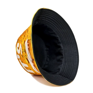 Unisex bucket hat with yellow beer bottle print and sun protection casual design