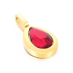 Elegant gold-plated waterdrop pendant with a faceted red gemstone on white background
