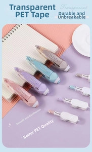 Transparent PET correction tape pens in assorted pastel colors on a blue desk