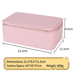 Pink rectangular PU leather jewelry box with zipper and dimensions 21.5x8.5x11.5cm