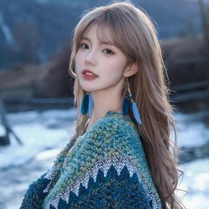 Detail of blue and white chunky knit scarf with wave pattern on female model in winter