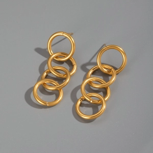 Detailed close-up of 18K gold-plated stainless steel circular chain drop earrings