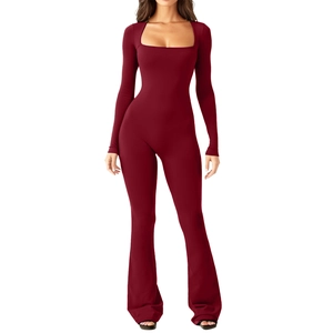 Front view detail of a red long sleeve square neck wide leg jumpsuit with slim fit design