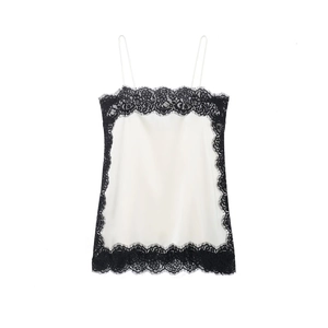 Women Satin Cami Top Lace Trim V Neck Spaghetti Strap Sexy Slim Fit Sleeveless Tank Top