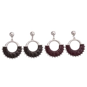 Retro geometric hollow leather earrings in black and burgundy with silver posts
