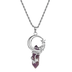 Tiger eye and amethyst hexagonal pillar necklace with silver moon and star wire wrap