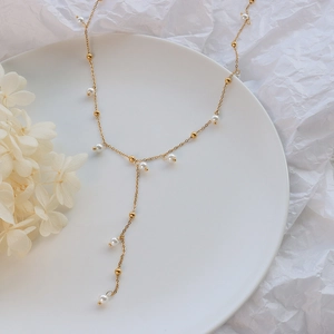 Elegant Y-Shape Lariat Necklace 18K Gold Plated Titanium Steel White Imitation Artificial Pearl Tassel Minimalist Jewelry Women