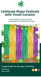 Detail of Mardi Gras green gold and purple metallic foil fringe curtain with lucky banner