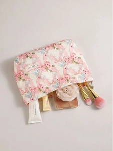 Floral makeup bag with pink bows and blue ribbons for large capacity skincare storage