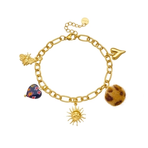 Gold stainless steel bracelet featuring sun, bee, heart and leopard print charms