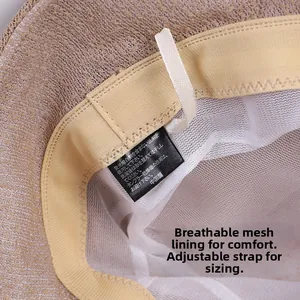 Detail of breathable mesh lining and adjustable white drawstring inside the lace hat