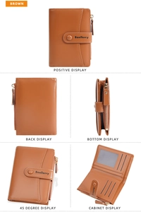 Detailed interior views of brown faux leather wallet with card slots and a zipper pocket