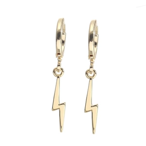 Minimalist gold lightning bolt hoop earrings with cubic zirconia on white background