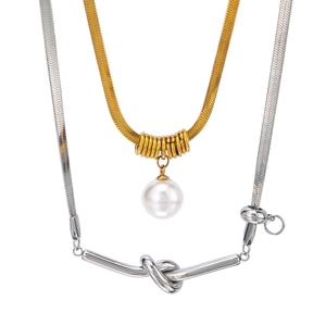 Set of gold snake chain with pearl pendant and silver knotted metal rod necklace