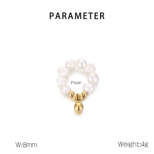 Détails techniques d'une bague en perles de 8mm avec billes dorées pesant 4g