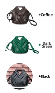 Close-up of woven leather basket bags in coffee, dark green and black colors
