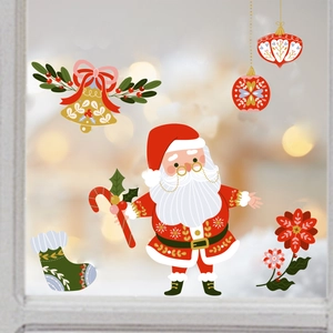 Détail des stickers de Noël pour fenêtre avec Père Noël et cloches décoratives