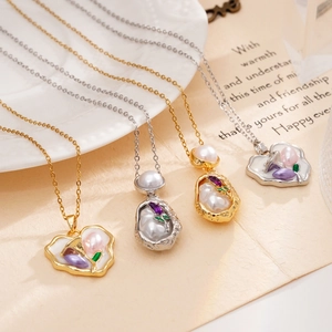 French vintage 18k gold plated pearl necklaces with colorful heart and oval pendants